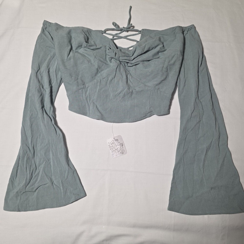 Free People NWT Sage Green Off Shoulder Lace Up Bell Sleeve Crop Top XS Boho